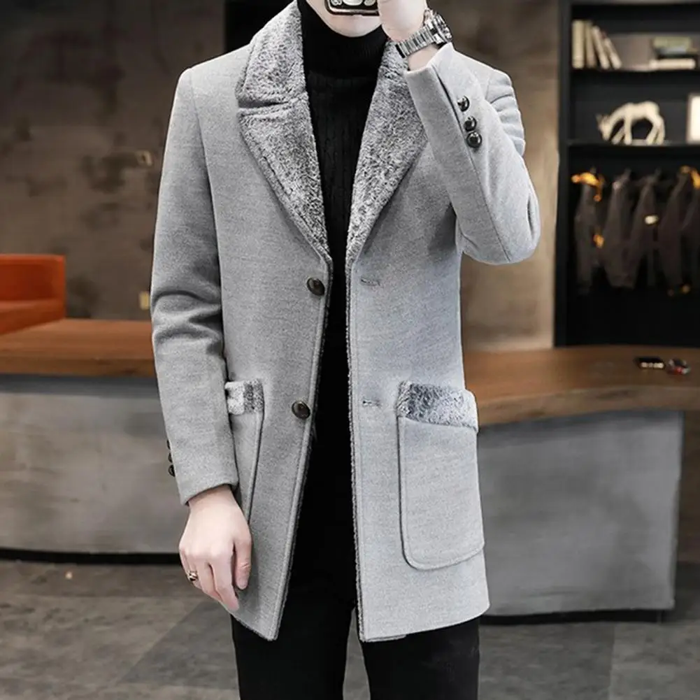 Stylish Men Business Jacket Washable Warm Overcoat Plush Collar Turn-down Collar Buttons Windbreaker Keep Warm