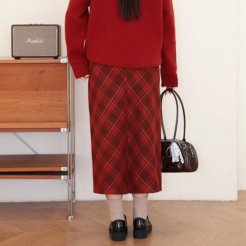 Plus Size Women's Skirt High Waist AB Red Skirt French Vintage Premium Woolen Plaid A-line Autumn Winter 2025