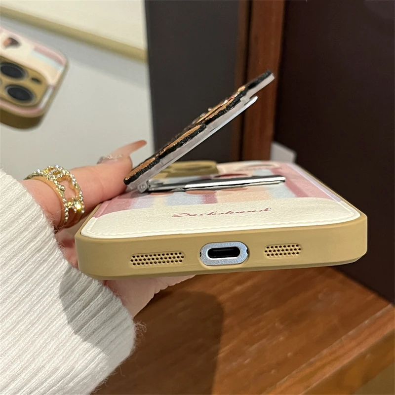 Embroidered Lucky Puppy Dog Folding Bracket Back Cover Case For iPhone 16 15 13 14 Pro Max