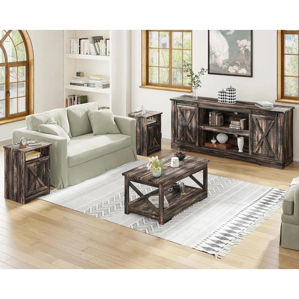 4-Piece Farmhouse Table Set,Coffee Table& Two End Tables,Side Table with Charging Station and USB Ports 4
