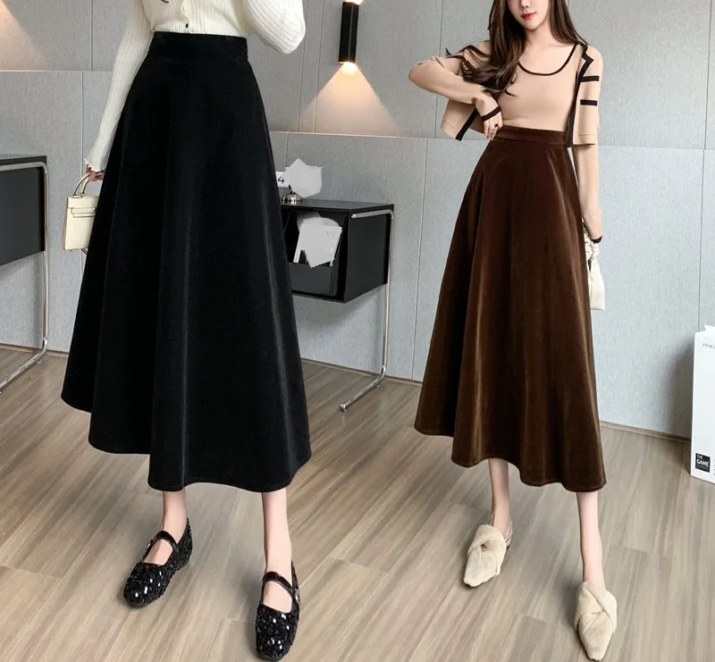 2023 Autumn/Winter High Waist Slim Mid length Gold Velvet Large Swing Umbrella Skirt A-line Skirt Half length Winter Skirt Women