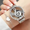 2PCS/Set Fashion Women's Watch Hollow-out Musical Note Dial Steel Band Quartz Watches Heart Bracelet Set 1