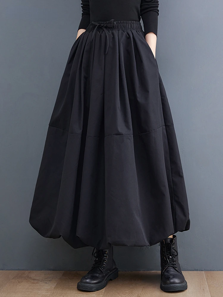 

Black Vintage High Waist Pleated Skirt Women Plus Size Fashion Drawstring Loose Casual Midi Skirts Clothes Autumn Winter 2023