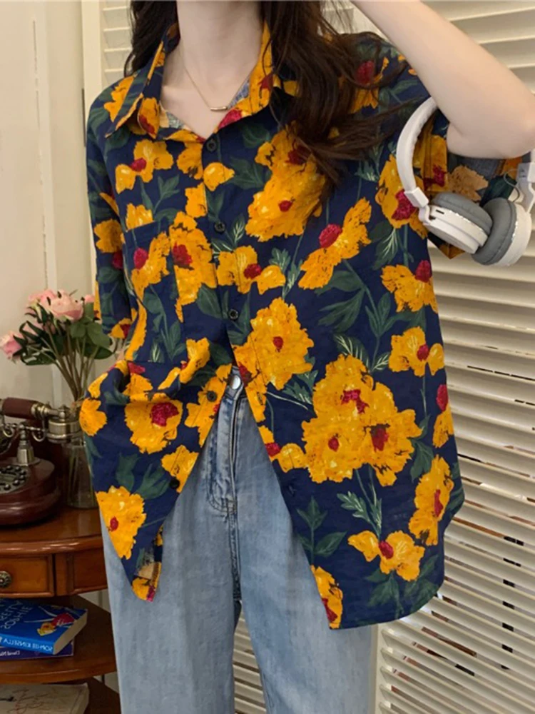 

Модные повседневные блузки в молодежном стиле, уличная одежда с принтом, на пуговицах, короткий рукав, отложной воротник, Свободная Женская одежда, летняя тонкая