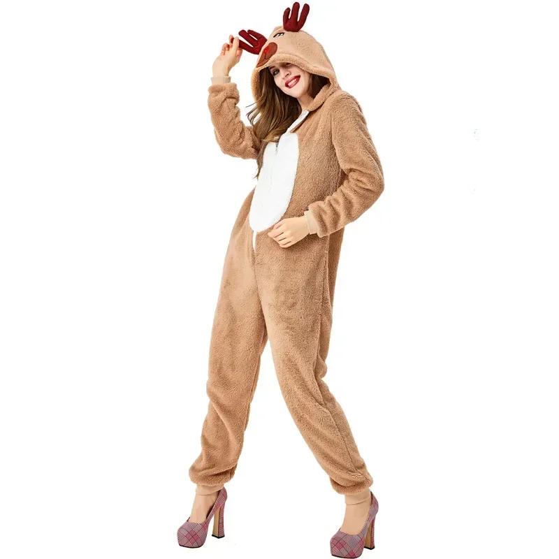 Unisex Adult Christmas Reindeer Costume Girl Women Hooded Cozy Fawn Deer Costume Cosplay Onesie Cartoon Pajamas