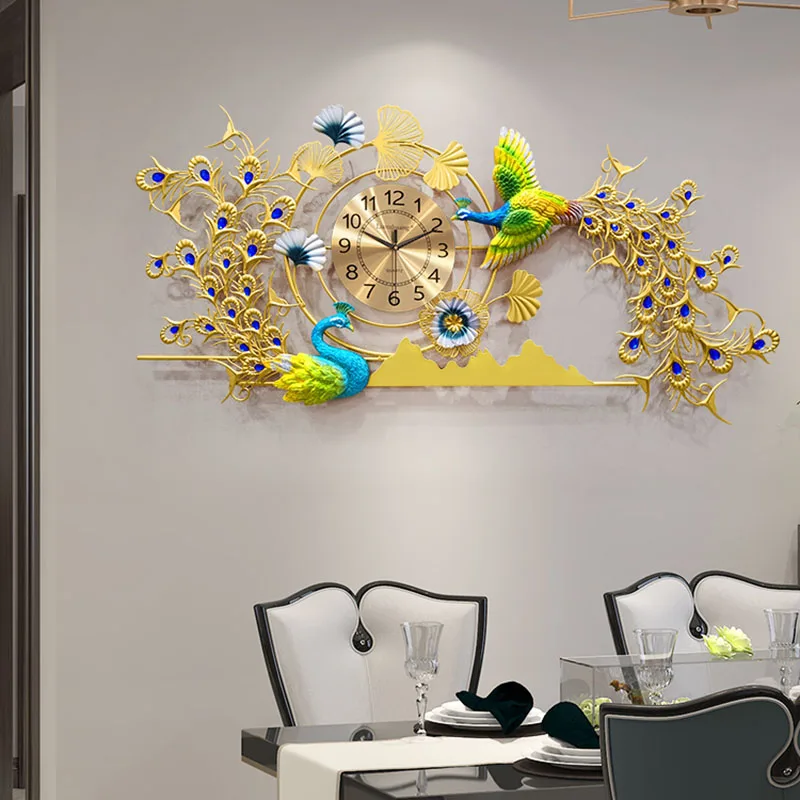 

Peacock Decorated Wall Clock Living Room Unusual Fashion Metal Silent Wall Clock Modern Design Bedroom Horloge Wall Watch