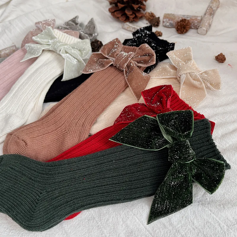 16pairs 2022 New baby Long Socks girls children Velvet Bows Spanish style Socks Heavy Knit Knee High Toddler Christmas Socks