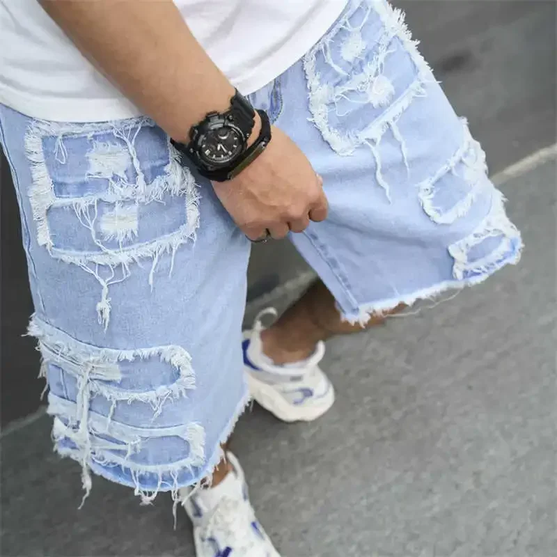 Denim Hole Knee Length Men Washed Jean Mid Waist Spliced Ripped Pockets Loose Fit Distressed Straight Pants Casual Shorts