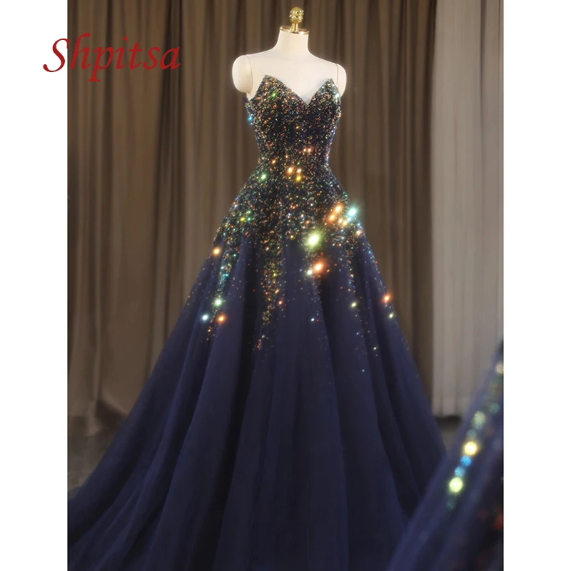 

Navy Blue Luxury Long Evening Dresses Party Plus Size Women Girl A Line Sequin Dinner Prom Formal Evening Gown