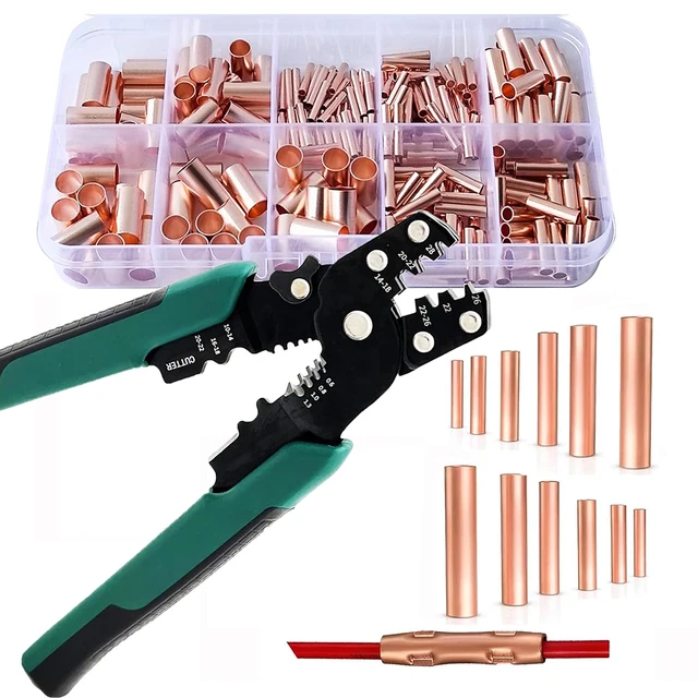 ขั้วต่อสายไฟฟ้าแบบไม่หุ้มฉนวน 250 ชิ้น ขั้วต่อทองแดงสำหรับเชื่อมต่อท่อสายเคเบิล พร้อมเครื่องมือคีมย้ำสาย 1