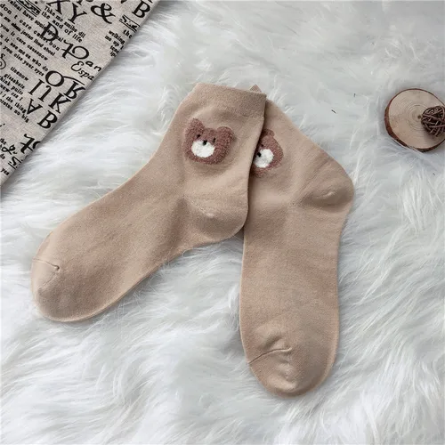여성용 갈색 곰 양말, 중간 튜브 양말, 일본 귀여운 작은 신선한 와일드 학생 양말, 가을 및 겨울 양말, 신상 4