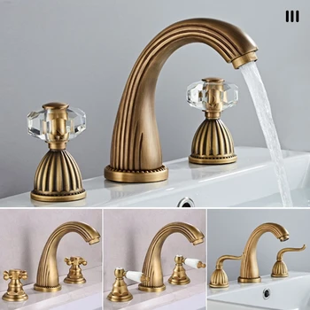 ทองเหลืองโบราณห้องน้ําก๊อกน้ํา 3 หลุมก๊อกน้ําอ่างล้างหน้า Deck Mount Tap น้ําร้อนน้ําเย็นคู่ควบคุมอ่างล้างหน้าก๊อก 1