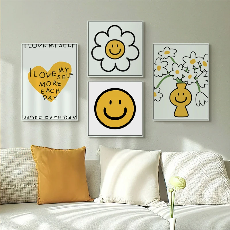 Nordic Ins Myself Inspirational Quotes Sunflower Smiley Face Wall Art Canvas Painting Posters Picture For Living Room Home Decor