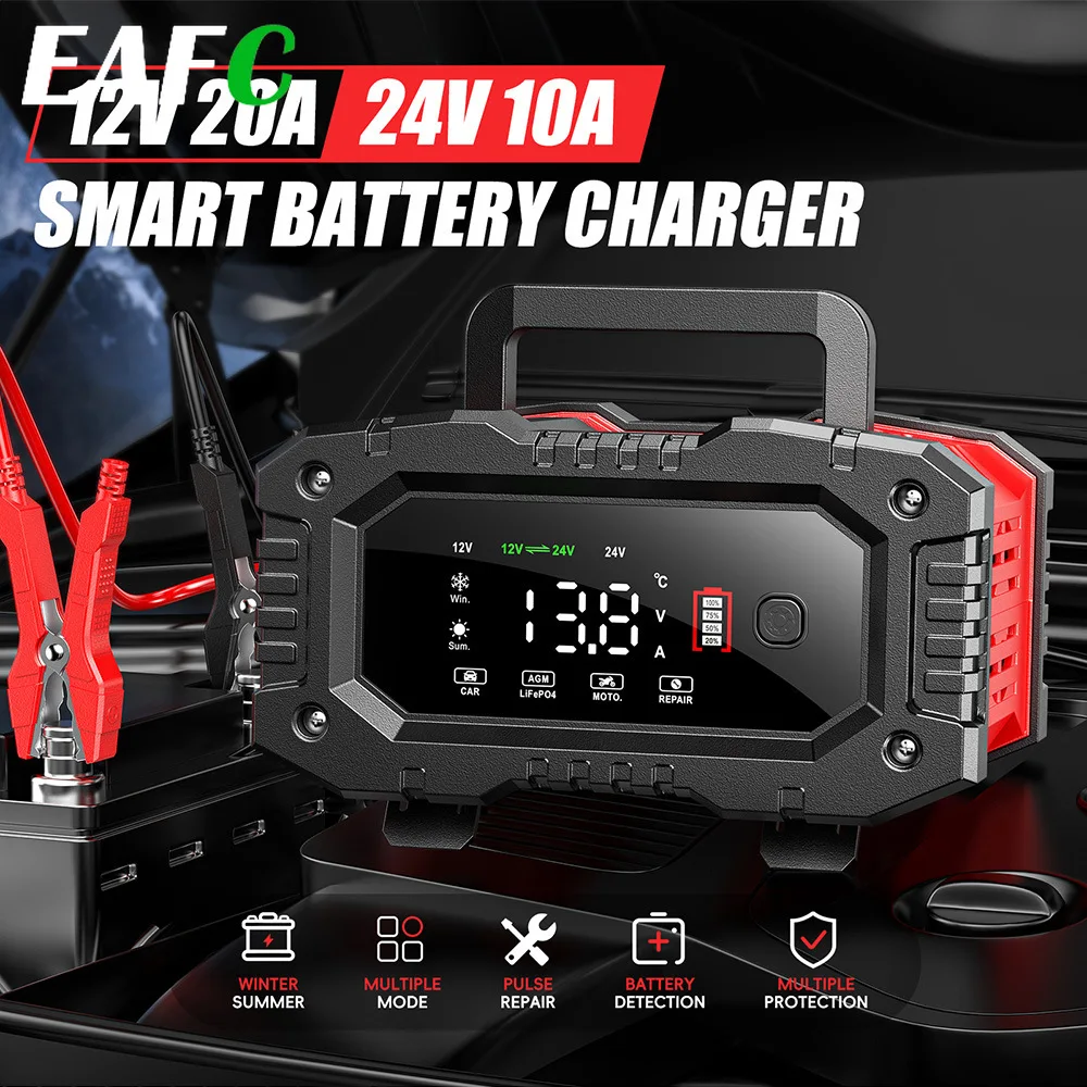 Chargeur Portable 10A/20A pour Batteries Start-Stop, réparation automobile et Charge rapide pour voiture, camion, moto 12V/24V AGM LiFePO4