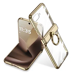 Electroplated Frame Transparent Case with Metal Ring Holder and Glass Protective Film for Motorola Razr Ultra 2025 (Gold)