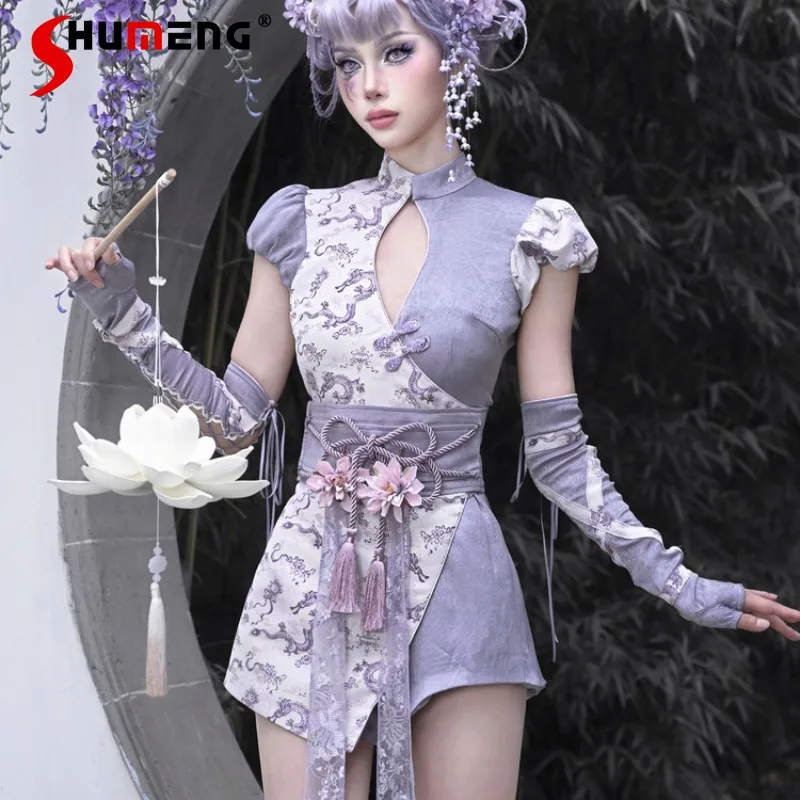 

2024 Summer New Fashion Design Short Vestidos Dragon Pattern Jacquard Chinese Cheongsam Slimming Siamese Split Dresses For Women