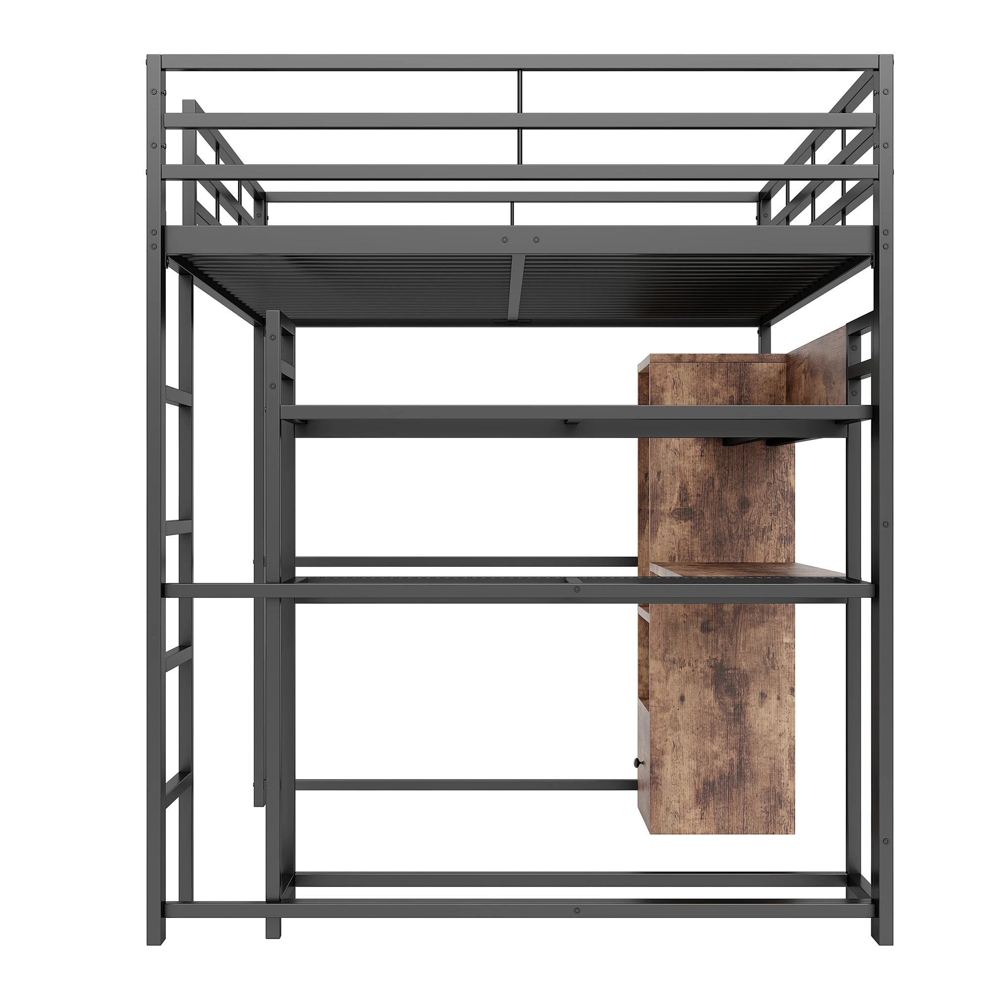 Hochbett, 140x200cm, Metallbett, mit LED-Beleuchtung, Schreibtisch, 1 Schublade, Regale, Geländer, Treppe, ohne Matratze, schwarz – Detail 11