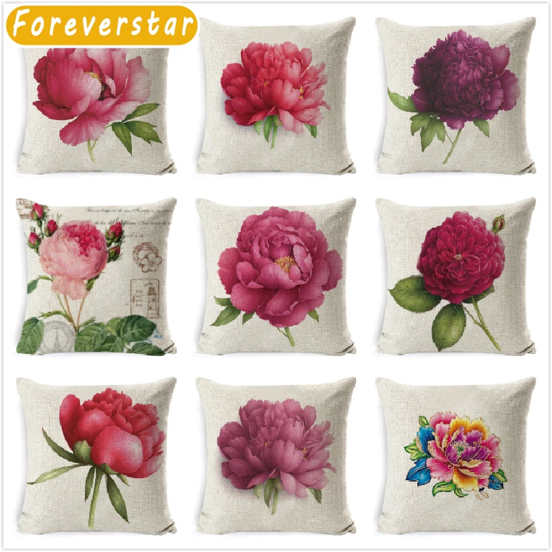 

Rose Printed Cushion Cover Linen Cushion Case Throw Pillow Case For Living Room Bed Room Flower Peony Small Fresh Pillowcase