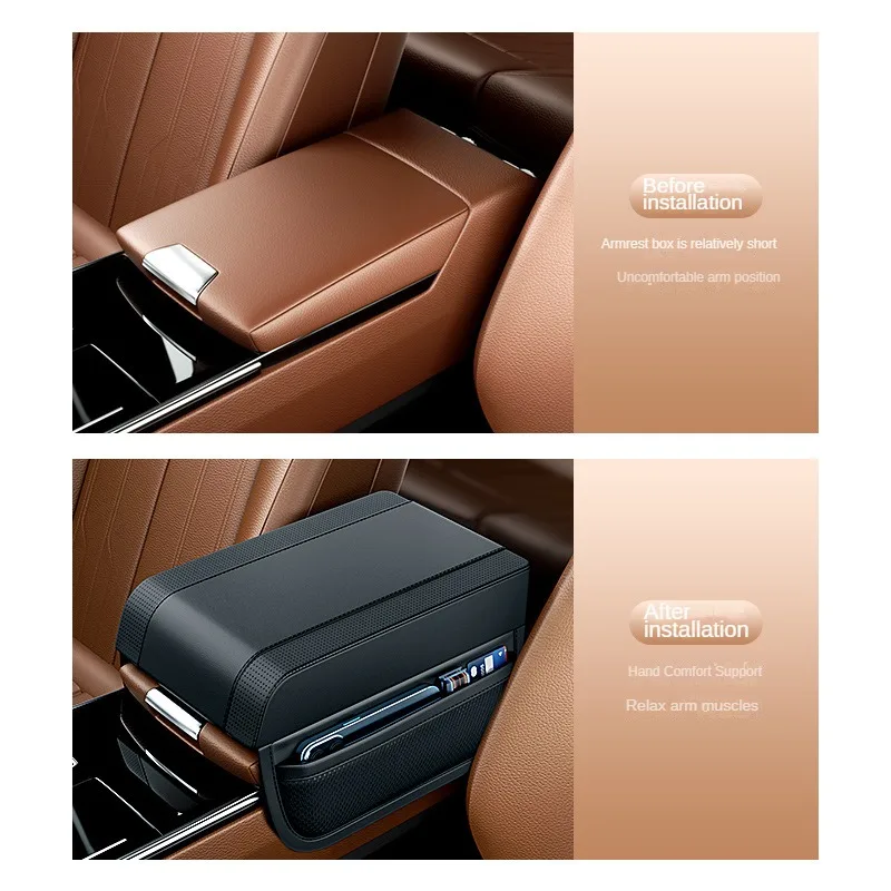 Car Armrest Pad Universal Leather Cushion with Pocket Central Memory Cotton Elbow Support Storage