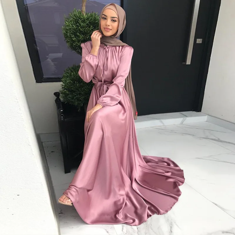 

Maxi Dress Muslim New Long Sleeve Satin Solid Modest Abaya Islamic Clothing Women Dropshipping