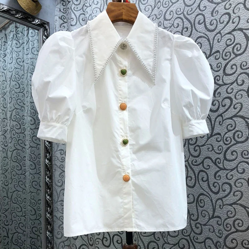 

Puff Sleeve Shirt Blouse Women's 2023 Summer Thin Studded Beads Decoration Blouses Femme Basic Gentle Style Lapel Collar Blusas