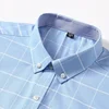 100% Cotton Breathable Men Oxford Short Sleeve Summer Plaid Striped Male Shirt Business Regular Fit Oversized Clothes 3