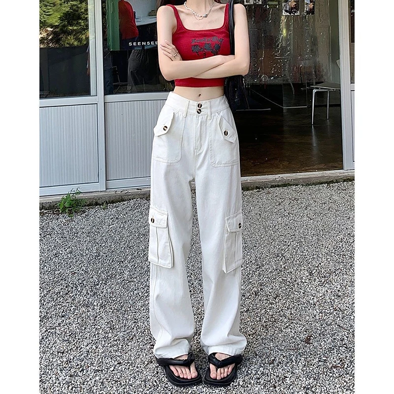 

Multi-Pocket White Washed Cargo Pants Y2k Retro High Street Fashion High Waist Jeans Couple Harajuku Simple Wide Leg Pants