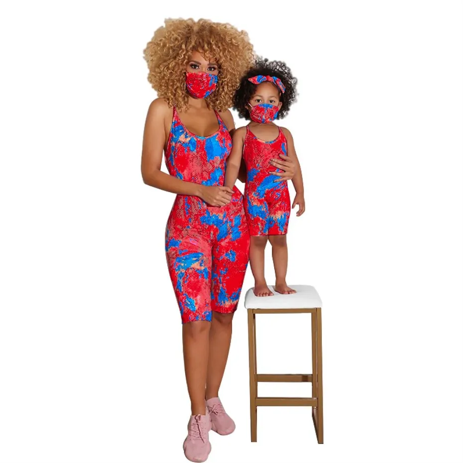 matching family outfits Printing Mommy and Daughter Jumpsuits Summer Sleeveless Rompers Comfortable Family Matching Outfit with Mask K8731 couple outfits Family Matching Outfits