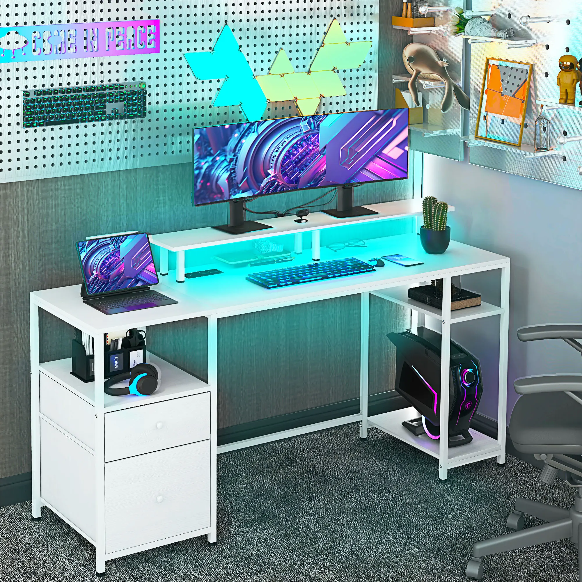 Homcom 61" Computer Desk with Led Lights, Power Outlets, USB Ports, White 2