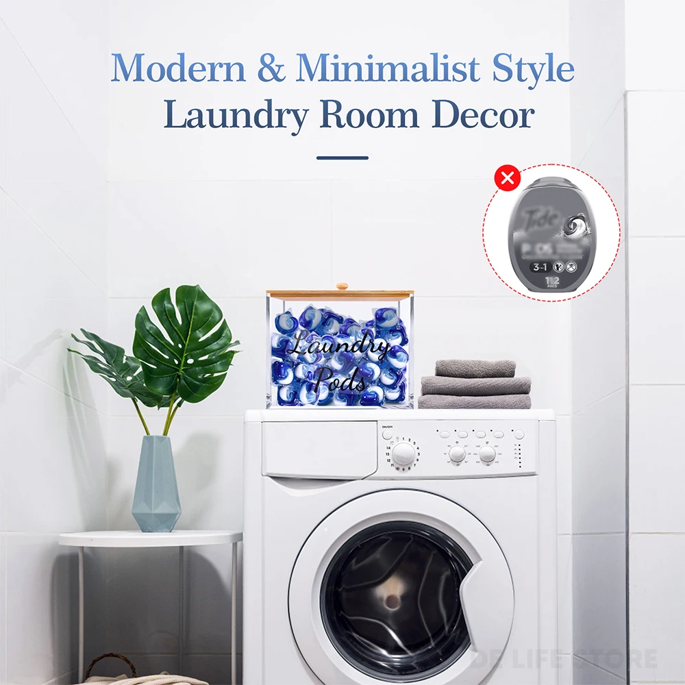 Laundry Pods Container Acrylic Washing Capsule Storage Box With Bamboo Lid Dryer Sheet Holder Laundry Room Organizer 6