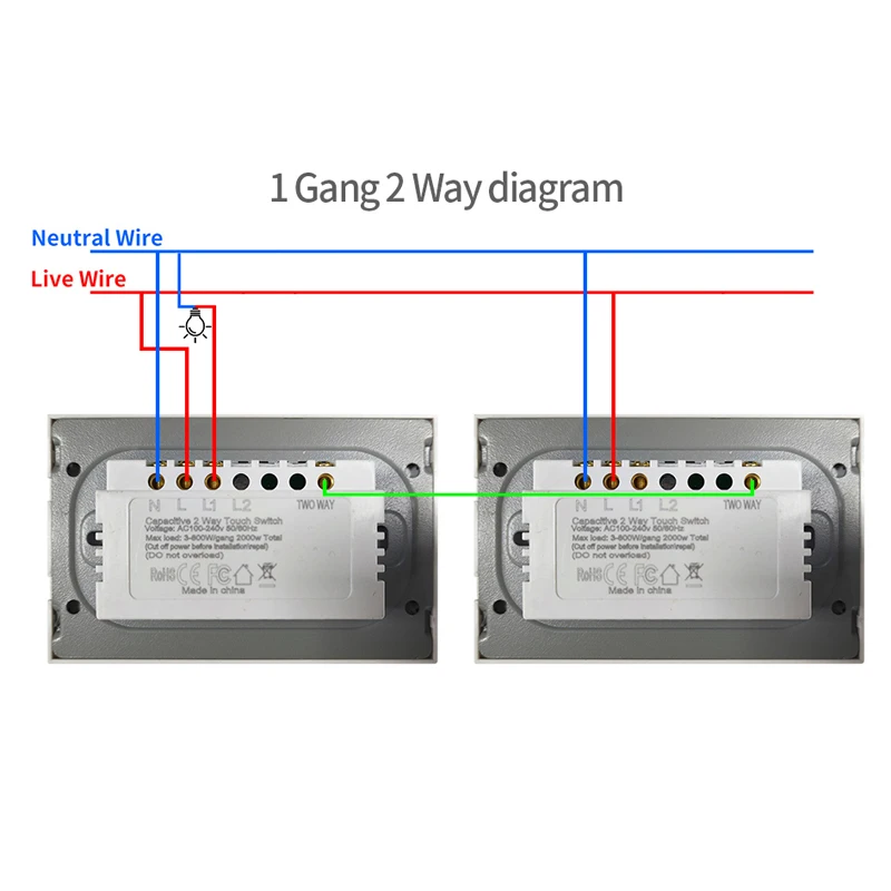 Tempered Glass Touch Switch 1 Gang 2-Way for Stairs - US/Brazil Standard 118x74mm Crystal Panel with LED Indicator No WiFi Manual Control