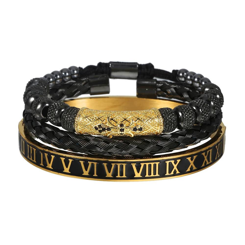 

Luxury Set Roman Enamel Numeral Bracelet Stainless Steel Handmade Rope Bangles Bracelets For Men 3pcs CZ Bracelet Punk Jewelry