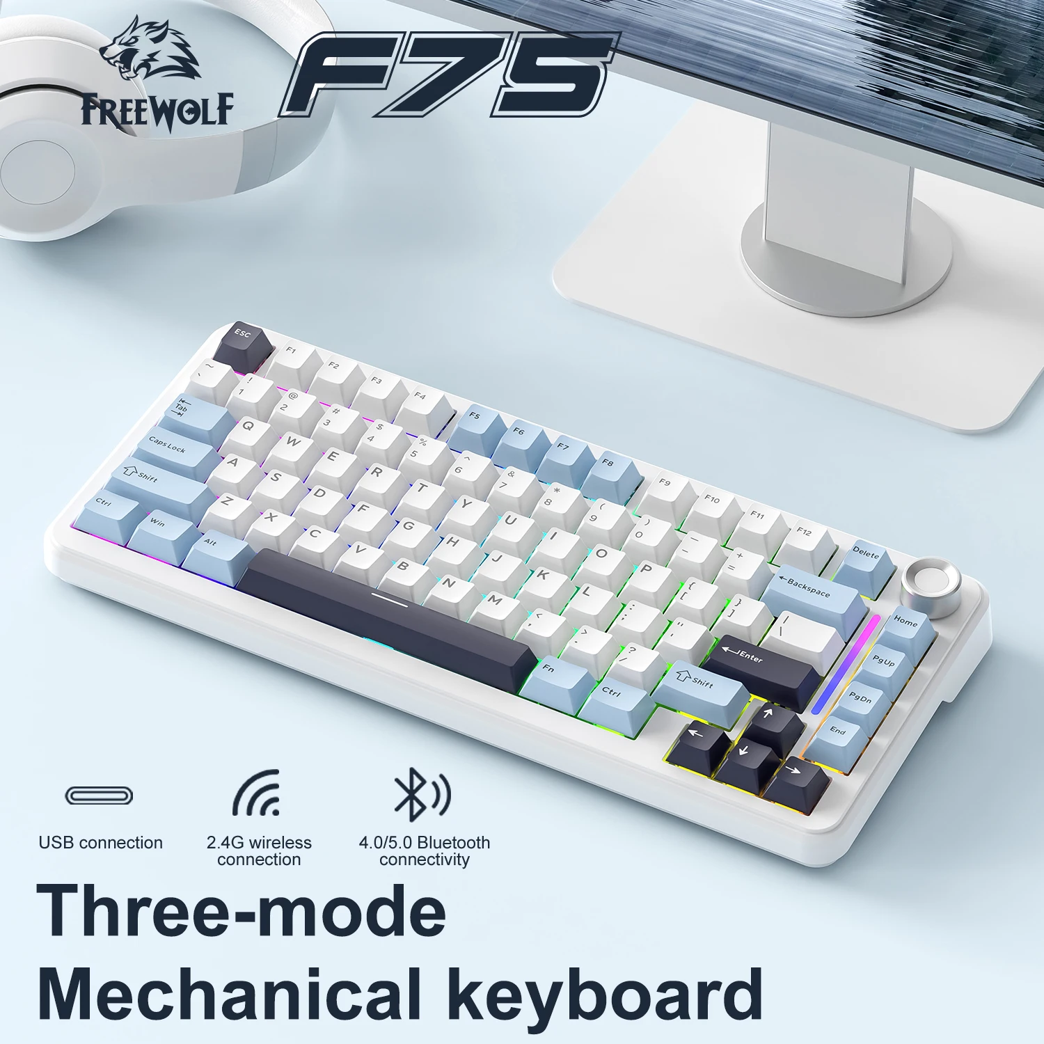 Freewolf F75 핫 스왑 가능 기계식 키보드 75% 레이아웃 3가지 모드 무선, BT, 2.4G RGB 백라이트 인체공학적 PC 게이머 사무실용