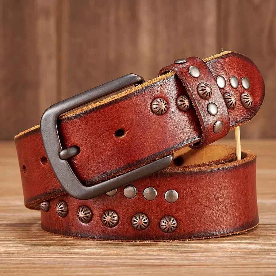 

Ligentleman 3.8CM Real Cowskin Genuine Leather Belt Retro Skull Punk Rivet Belt For Man Cowboy Male Designer Exclusive Strap