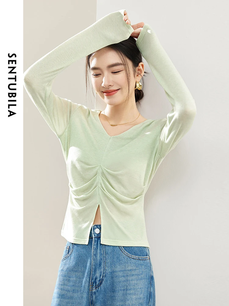 

SENTUBILA Women's Wool Blend Split Green T-shirt 2024 Spring Simple Elegant Slim V Neck Long Sleeve Top Woman Clothes 141T53336