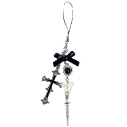 Kawaii Y2K Black Cross - Bow Beaded Phone Charm Strap (Star with bow tie)