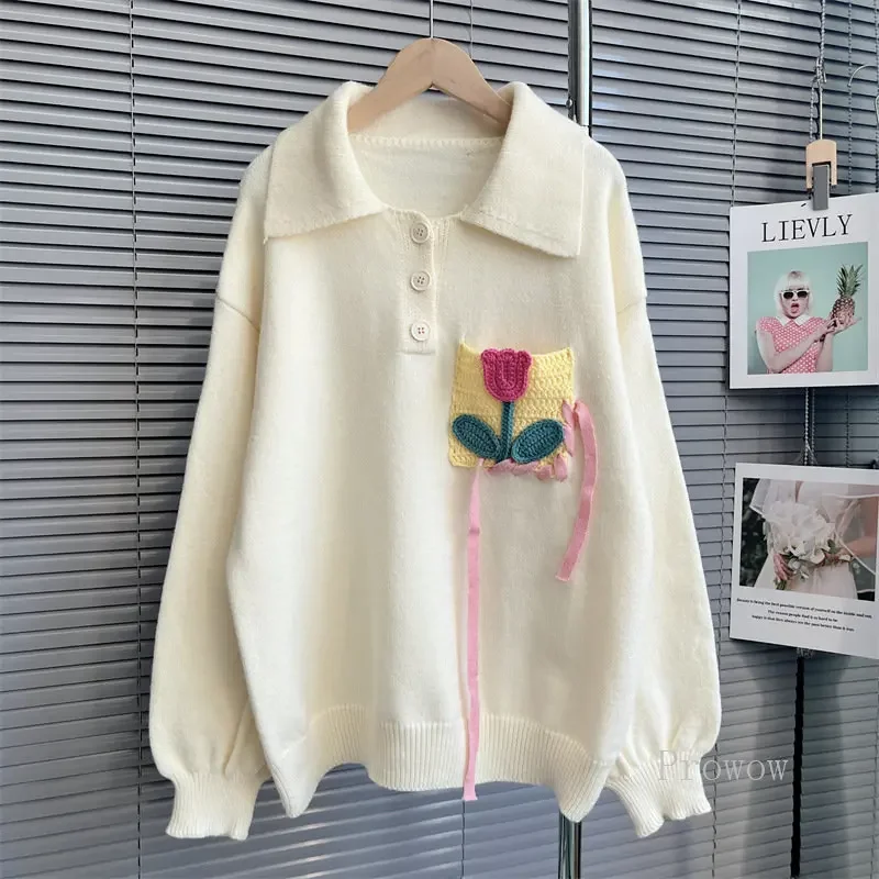 

Oversized Sweater Women Hand-made Flower Polo Collar Sweater Top 2023 Fall Winter Pullover Sueter Mujer Female Jumper Knitwear