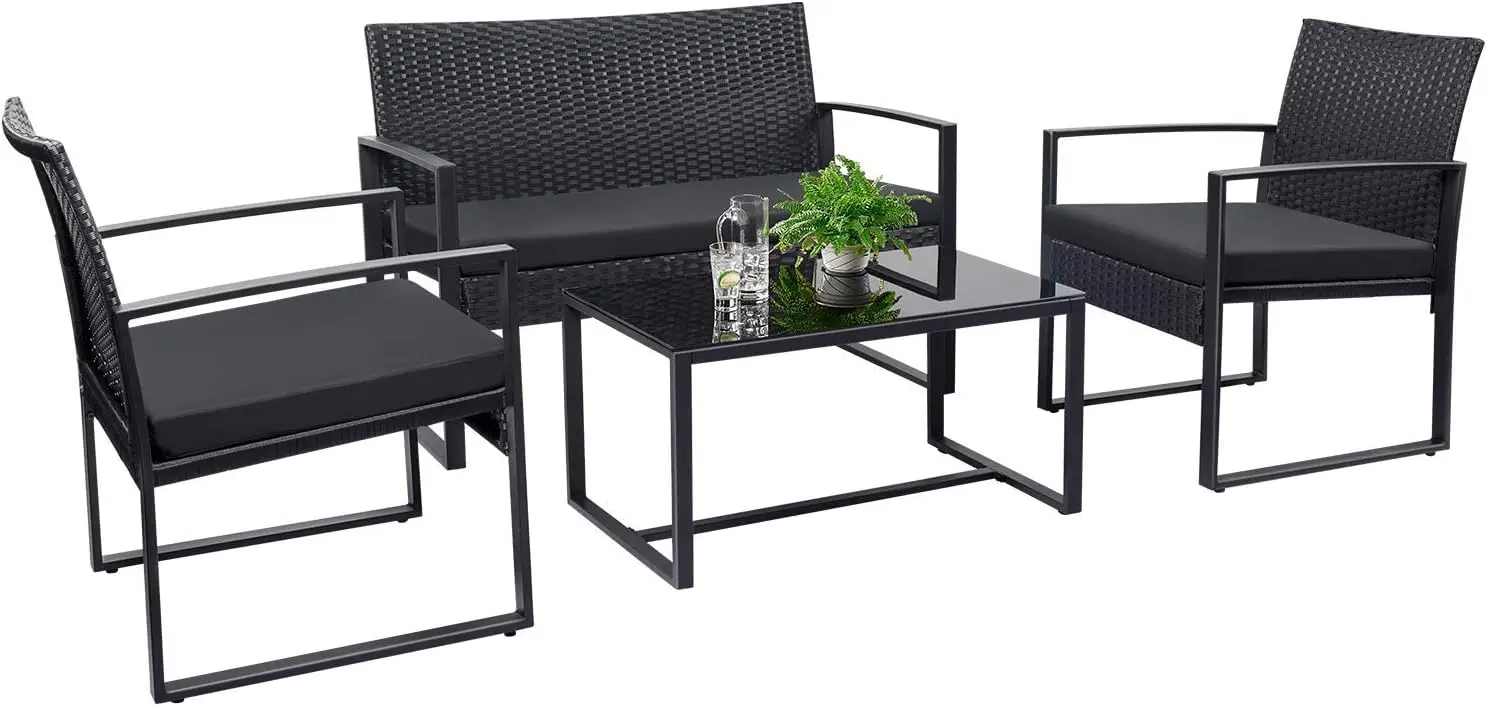 

4 Pieces Patio Furniture Set Outdoor Patio Conversation Sets Modern Porch Furniture Lawn Chairs with Glass Coffee Table