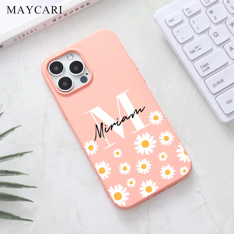 

Custom Name Soft Silicone Daisy Flower Case for iPhone 13 12 11 Pro Max 7 8 Plus X XS XR Cute Candy Color Phone Cover for Women