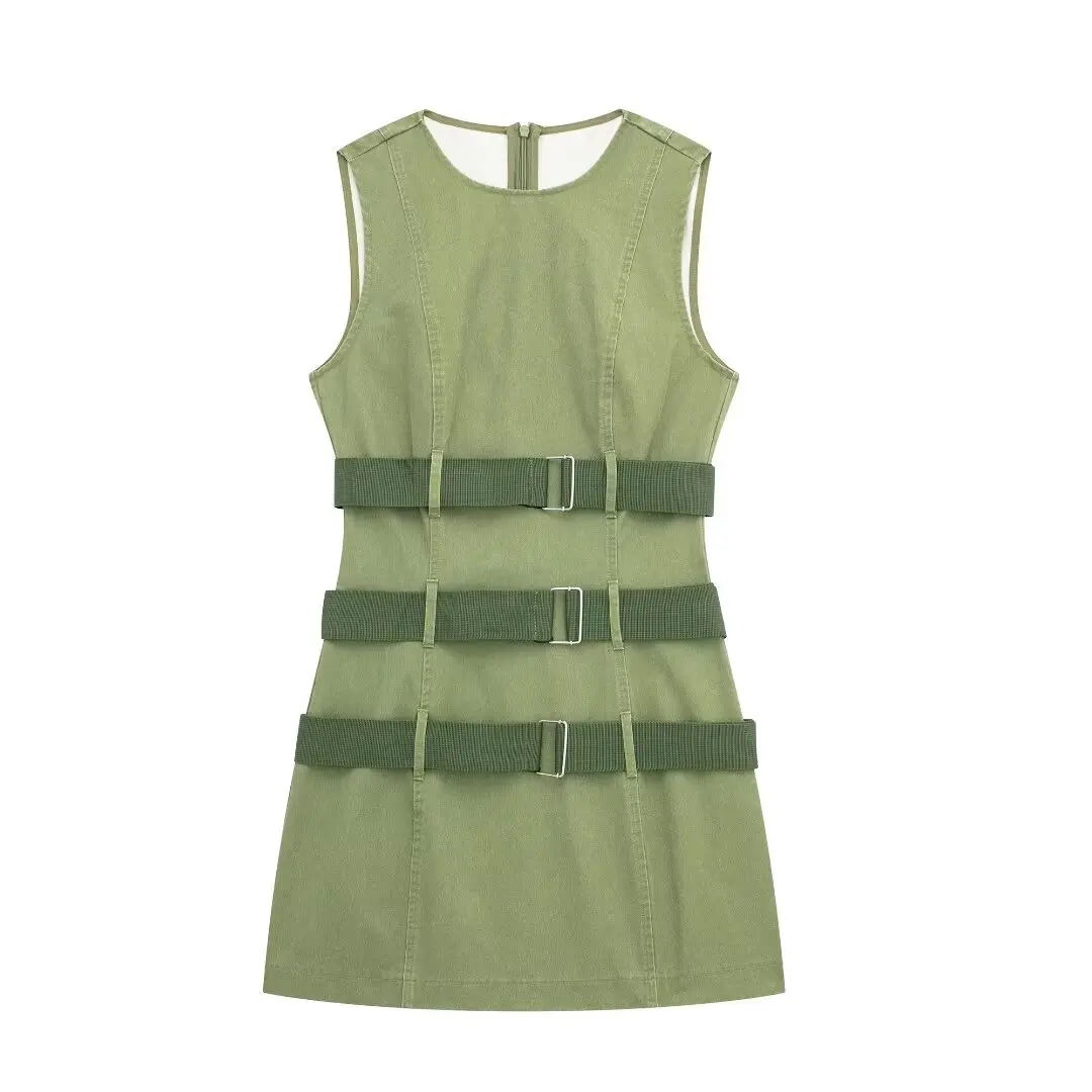 

Women New Fashion Frock Army Green Short Dress Vintage Sleeveless Slim-Fit Casual Chic Female Mini Dresses Vestidos robe Mujer
