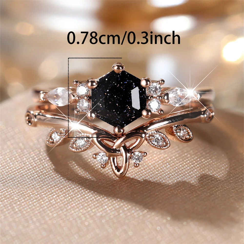 2pcs/set Luxury Crystal Hexagon Stone Engagement Promise Ring Sets For Women Rose Gold Color White Zircon Flower Wedding Jewelry