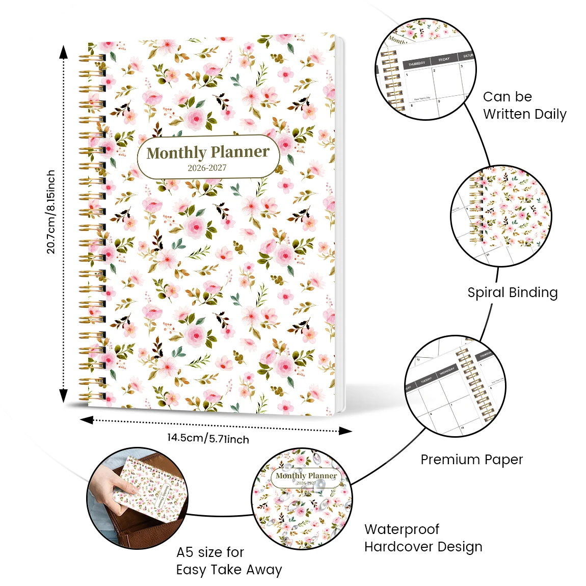 2026-2027 A5 Weekly & Monthly Planner – Jan 2026 to Dec 2027 Spiral Organizer with Calendar & Notes, School & Office Supplies