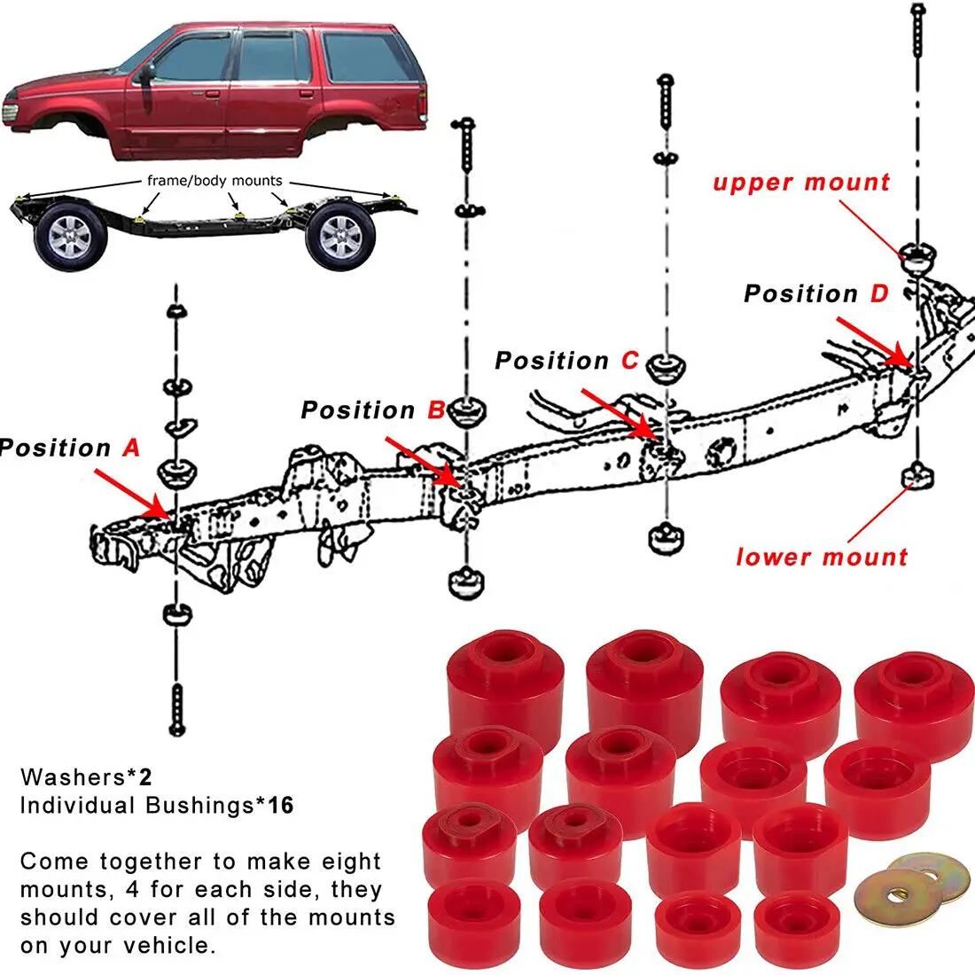 6-116 Body Mount Bushing Kit Fits for Ford Explorer Sport Trac 2001-2005 2WD 4WD Polyurethane Body Mount Kit