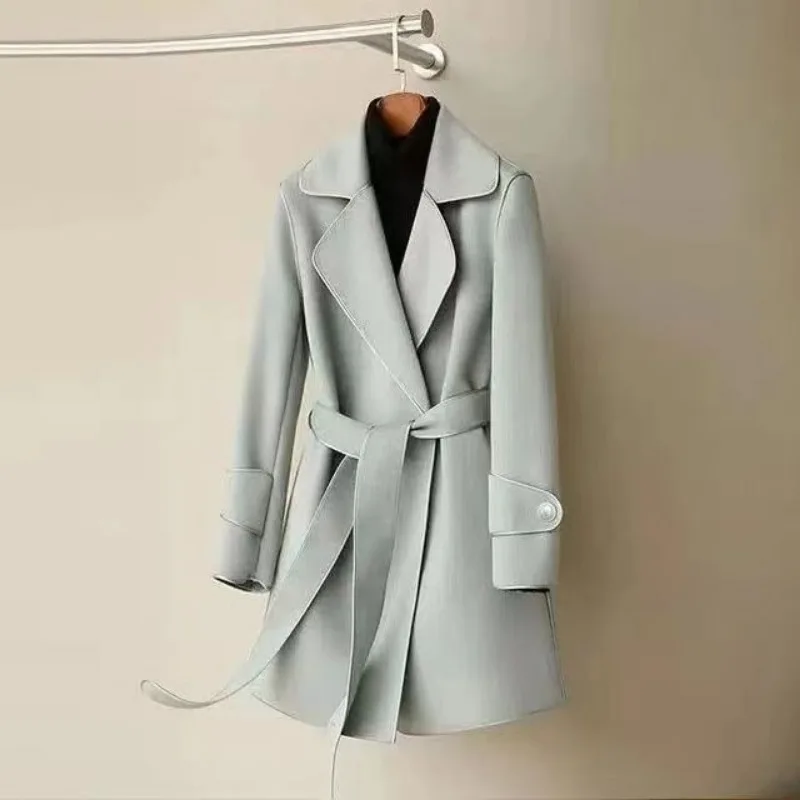 2023 Autumn Winter New Double-sided Cashmere Hepburn Wind Coat Women High-end Temperament Slim Mid-length Lace Decorative Top