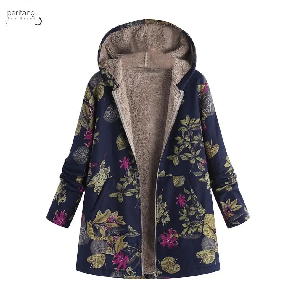 

5XL Coat Winter Warm Fur Hooded Floral Print Jacket Women Vintage Long Sleeve Fluffy Coat Female Pocket Oversized