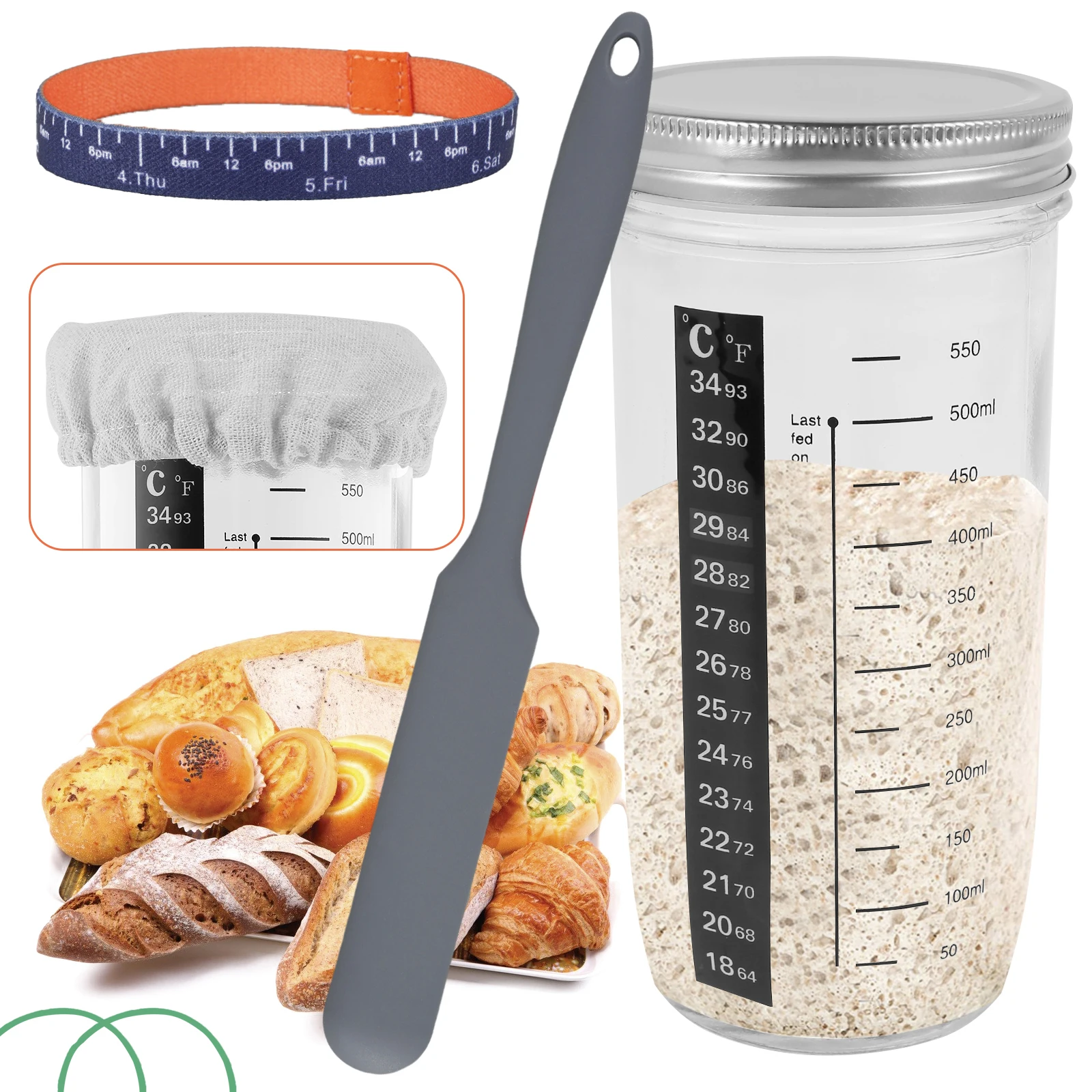 

New Sourdough Starter Jar Kit Glass Sourdough Starter Container with Thermometer Paper Marking Paper Tape Silicone Spatula Cloth