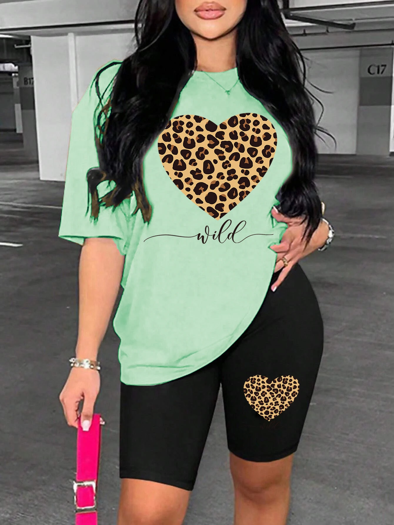 Leopard Heart Pattern Printing Shorts Sets Fashion Cartoon Women'S Two Piece Set Breathable Comfortable Short Sleeved Shorts Set 6