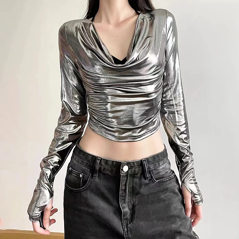 トップス ayuki 7093 Autumn Vintage Glossy Swing Neck Slim Sexy Crop Top