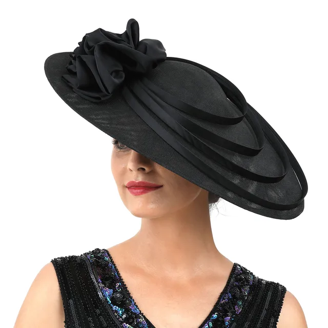 Black Large Flower Fascinator Sinamay Church Hat Kentucky Derby Hat Wedding Luxury Headband Hat Cocktail Tea Party for Women 1