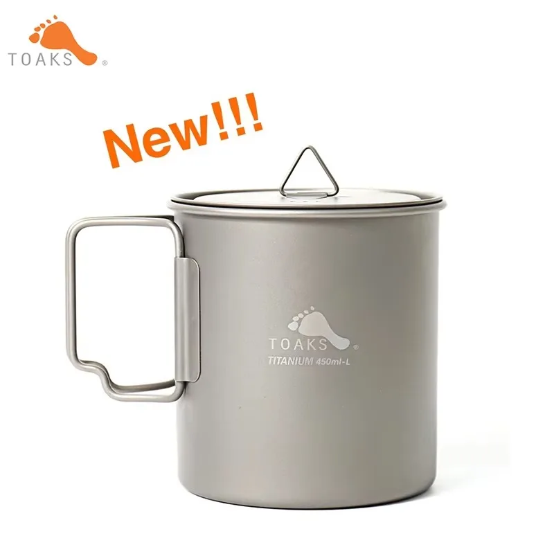 Portable Cups Titanium Cup TOAKS Titanium 450ml Cup with Lid Ultralight Version Titanium Cup 0.3mm Thickness 62g Outdoor Camping Equipment